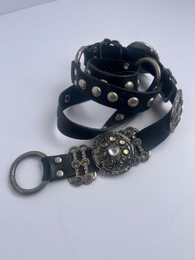 Black Studded Leather Belt with Ornate Silver Medallions